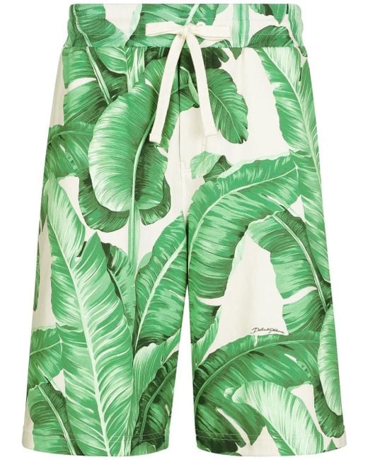 Dolce & Gabbana Green Leaf-Print Cotton Track Shorts for men