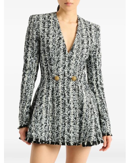 Balmain Black Two-Tone Flared Tweed Dress