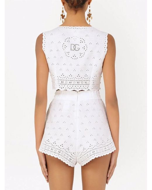 Dolce & Gabbana White Embroidered Linen Crop Top
