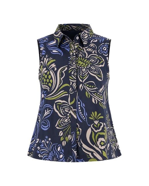 Marella Blue Floral-Print Sleeveless Shirt