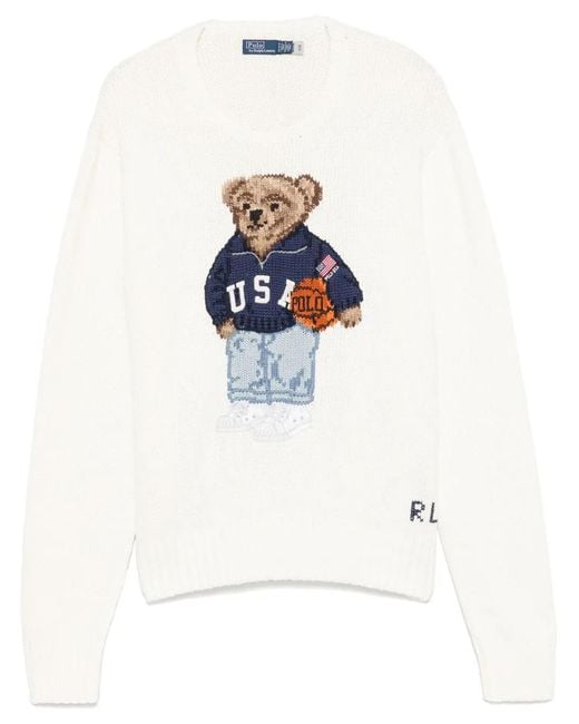 Polo Ralph Lauren White Cotton And Linen Polo Bear Sweater