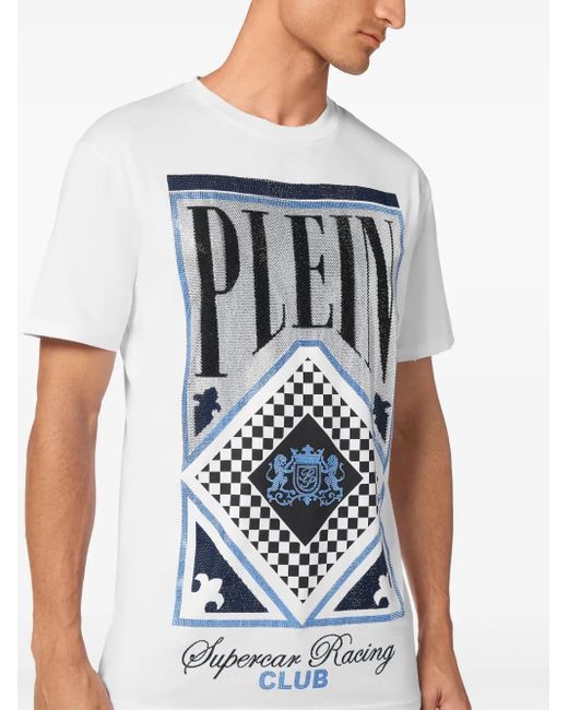 Philipp Plein White Jersey T-Shirt Round Neck Ss Stones Racing Club for men