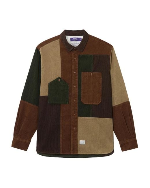 メンズ AFTERMATHS パッチワーク コーデュロイシャツ Brown