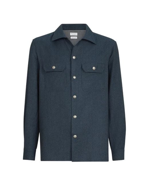 Brunello Cucinelli Blue Virgin-Wool Flannel Overshirt With Spread-Collar And Chest-Pockets for men