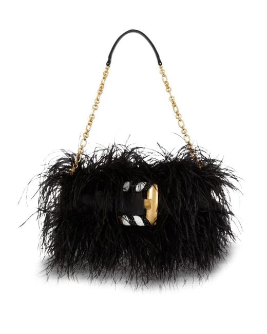 Balmain Black Anthem Feather-Detail Shoulder Bag