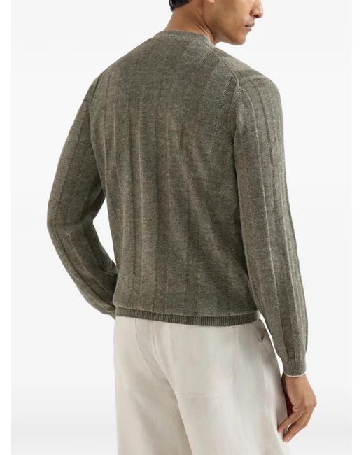 Brunello Cucinelli Green Linen And Cotton Textured Rib Cardigan for men