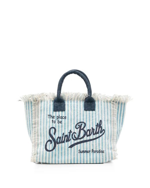 Mc2 Saint Barth Blue Colette Striped Fringed Tote Bag