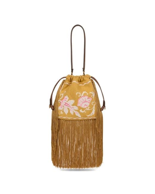 Etro Metallic Small Linen-Blend Kalispera Bag With Embroidery And Fringes