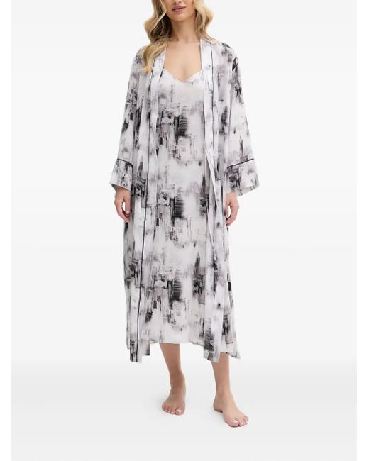 DKNY White Abstract-Print Belted Robe