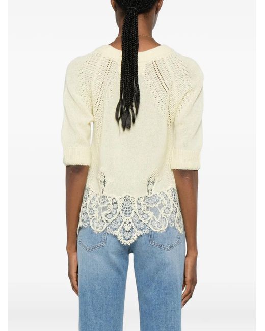 Ermanno Scervino Natural Lace-Trim Short-Sleeve Sweater