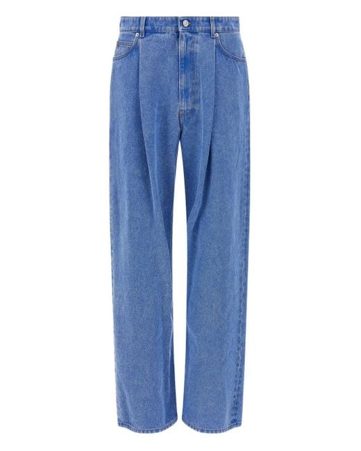 Marni Blue Wide-Leg Pleat Jeans With Contrast Stitching And Suede Logo for men