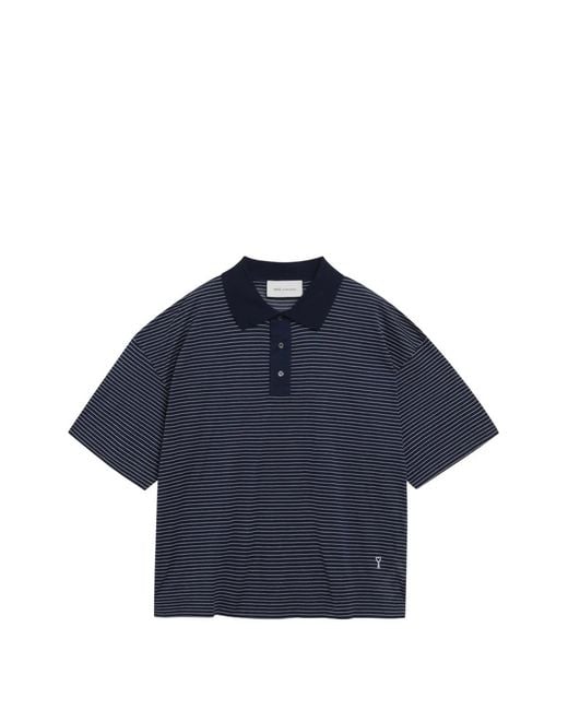 AMI Blue Ami De Coeur Striped Polo Shirt for men