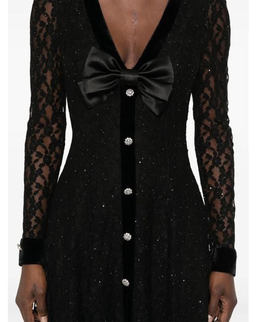 Nissa Black Crystal-Embellished Lace Midi Dress