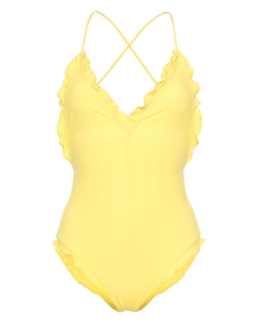 Ulla Johnson Yellow Ruffle-detailing V-neck Swimsuit