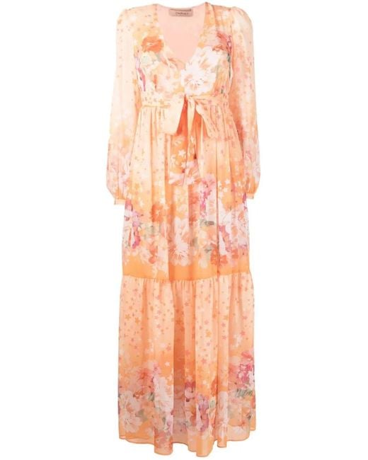 Twinset Orange Floral-Print Empire-Line Dress