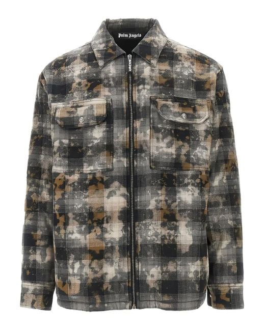 Palm Angels Gray Curved Logo Print Check Oevrshirt for men