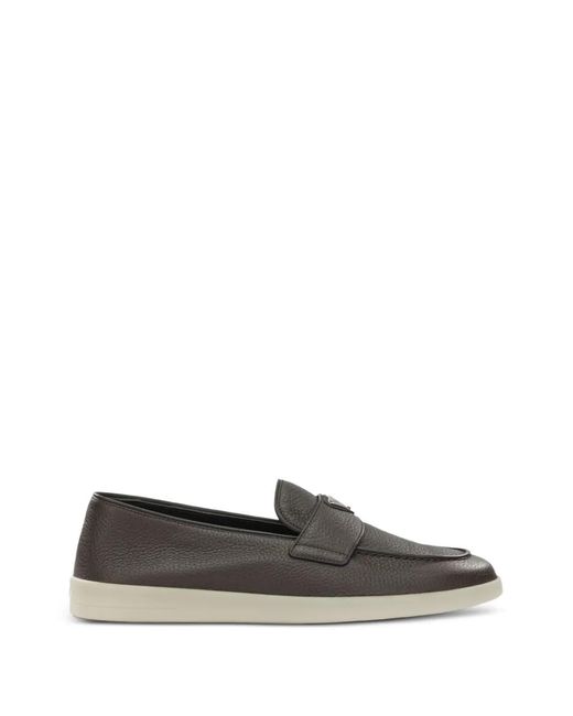 Prada Gray Logo-Plaque Leather Loafers for men