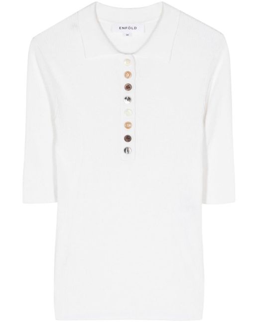 Enfold White Mixed Buttons Ribbed Short-sleeved Top