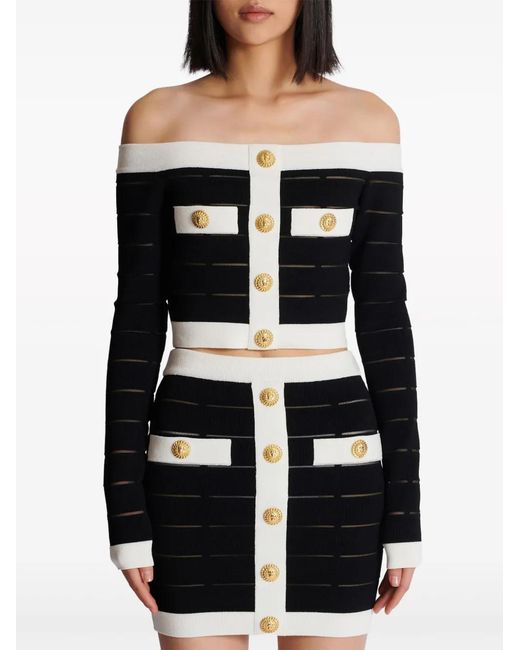 Balmain Black Off-Shoulder Knitted Top