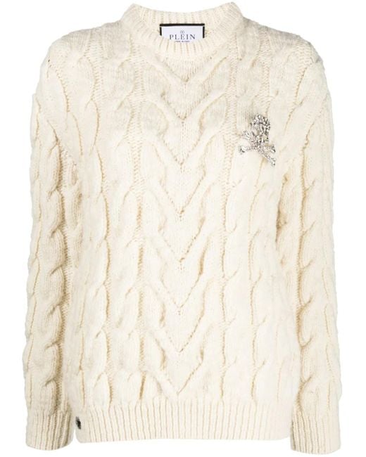 Philipp Plein Natural Long-Sleeve Cable-Knit Jumper