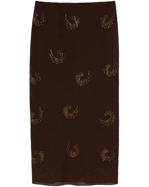 Pinko Brown Straight Georgette Skirt With Intricate Swirl Patterns