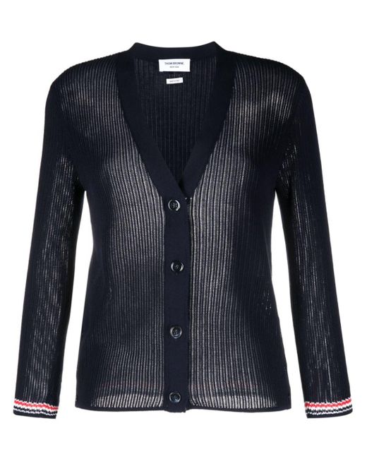 Thom Browne Blue Pointelle-knit Rwb Stripe Cardigan