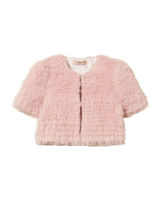 Twinset Pink Cropped Tulle Ruffle Jacket
