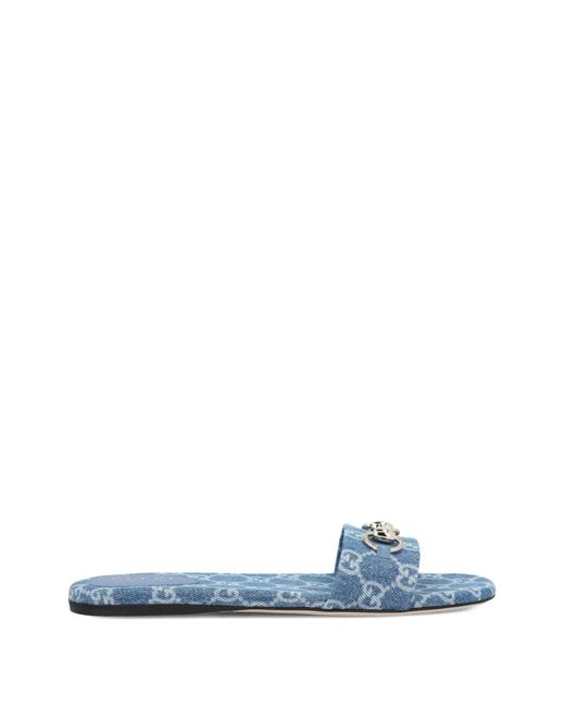 Gucci Blue Horsebit Gg-Pattern Flat Sandals