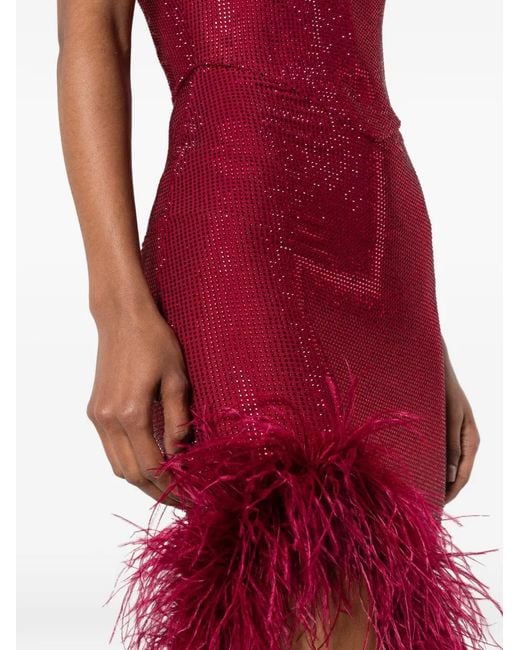 Miron Red Crystal-Embellished Feather-Trim Maxi Dress