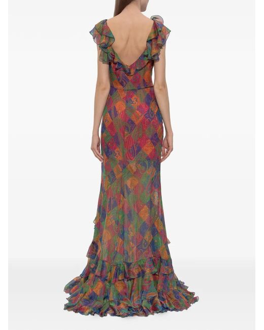 Etro Purple Silk Long Dress With Ruffles And Geometric Paisley Motif