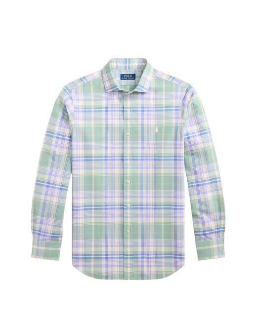 Polo Ralph Lauren Blue Custom-Fit Plaid Embroidered-Logo Shirt for men