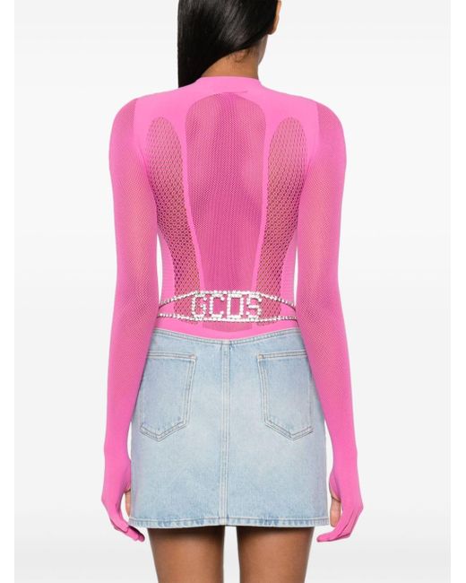 Gcds Pink Mesh-panneling Jersey Bodysuit