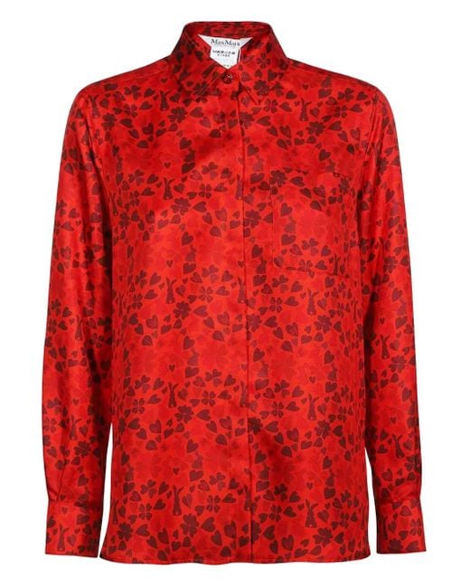 Max Mara Red Heart-Print Silk Shirt