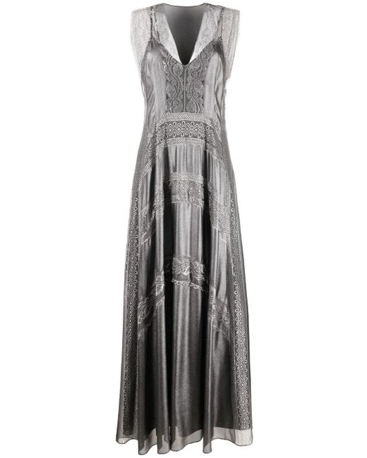 Alberta Ferretti Gray Lace-detail V-neck Dress