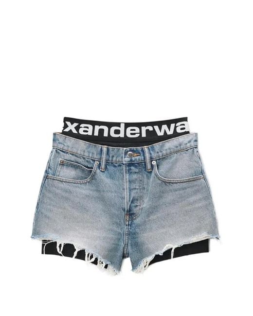 Alexander Wang Blue Layered Logo-Waistband Shorts