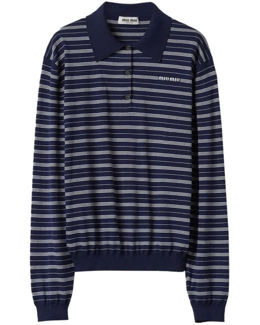 Miu Miu Blue Logo-Print Striped Polo Top