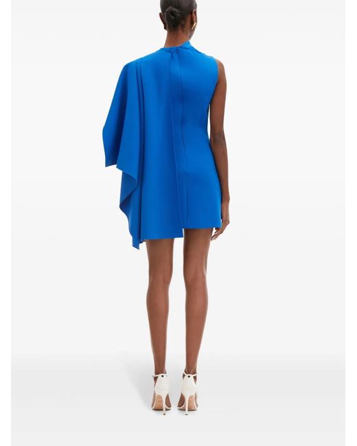 Oscar de la Renta Blue One-Shoulder Cape Dress
