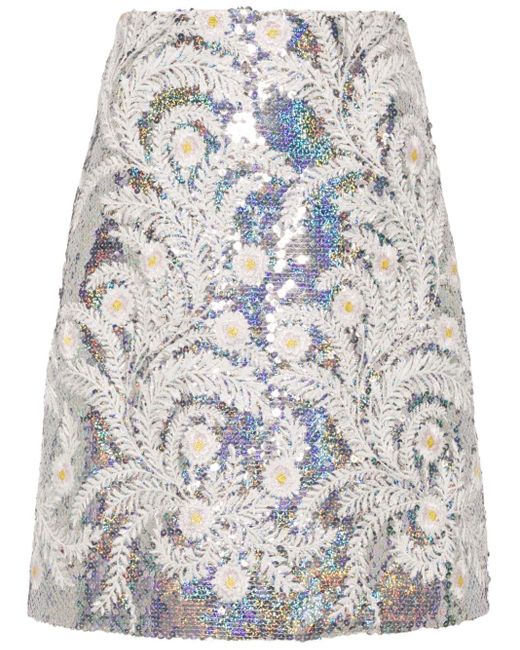 Giambattista Valli Floral Embroidery A-line Skirt Gray