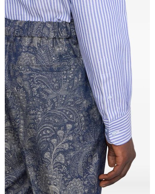 Etro Blue Jacquard Floral Paisley-Motif Trousers for men