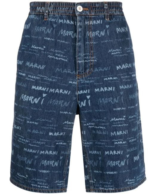 Marni Blue Logo-Print Denim Shorts for men