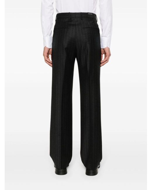 Tagliatore Black Pinstriped Wool Straight Trousers for men