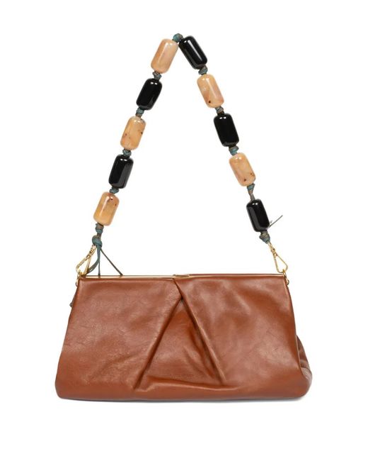 Dries Van Noten Brown Pleated Beaded Leather Clutch Bag