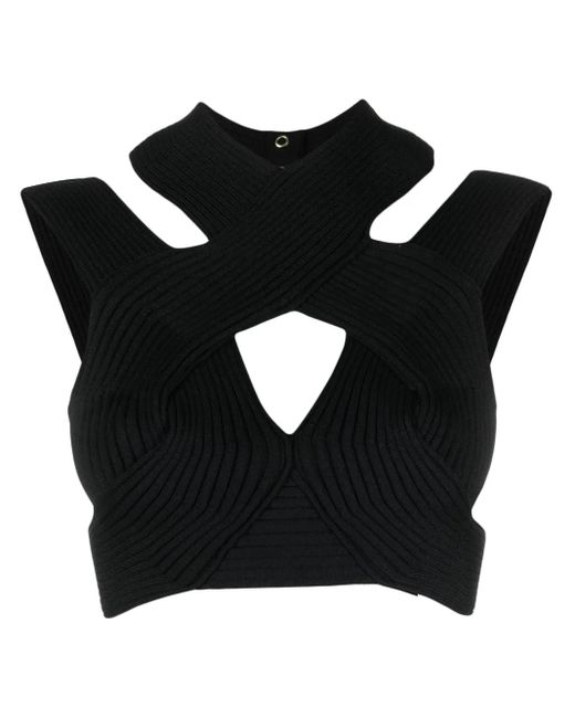 Balmain Black Cut-Out Ribbed Cropped Top