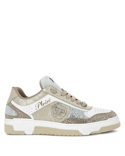 Philipp Plein White Crystal-Embellished Crocodile-Effect Sneakers