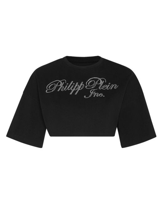 Philipp Plein Black Crystal-embellished Logo-print Cropped T-shirt