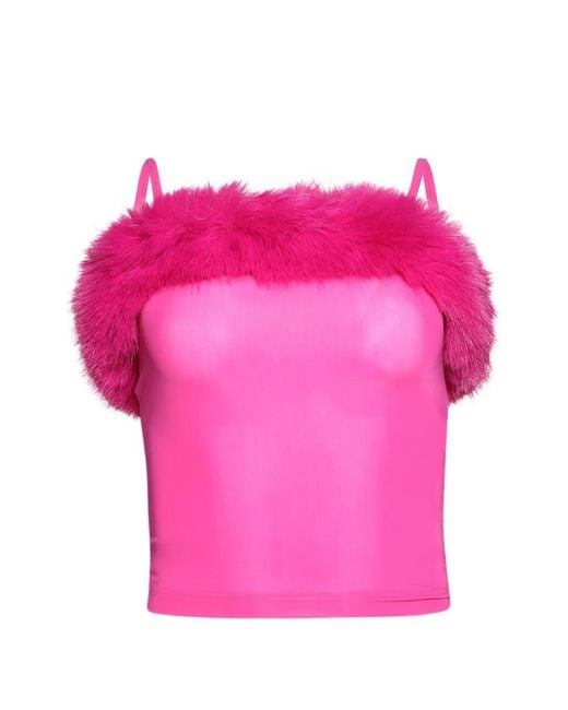 Balenciaga Pink Faux-Fur-Trim Spaghetti-Strap Top