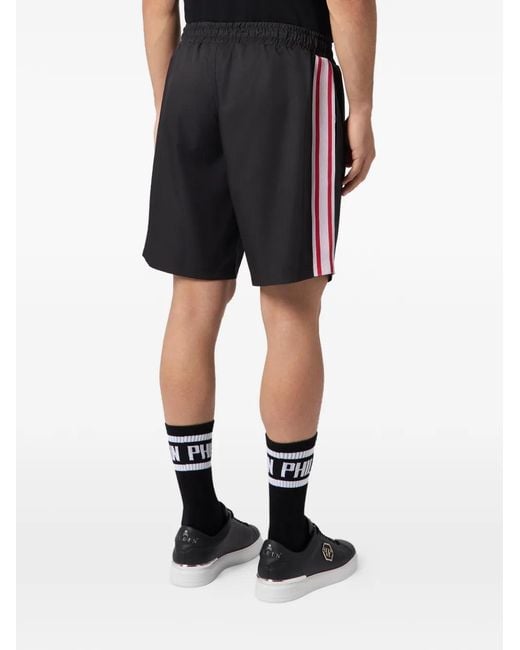 Philipp Plein Black Logo-Stripe Drawstring Shorts for men