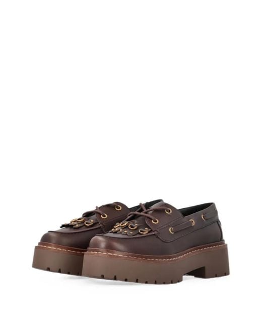 Pinko Brown Fringe-Detail Platform Loafers
