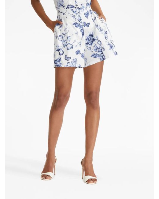 Oscar de la Renta Blue Floral-Print High-Waisted Shorts