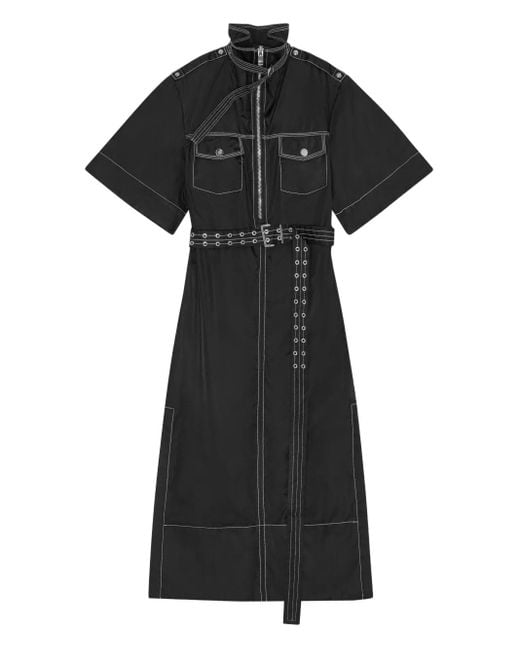 Ganni Black High-Collar Belted Shirt Dress